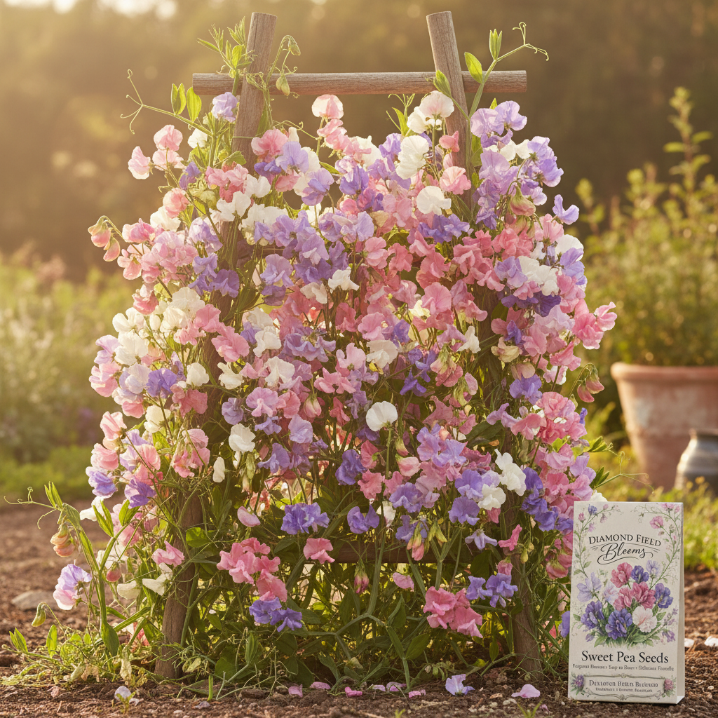 Diamond Field Blooms Sweet Pea Seeds growing on a wooden trellis in golden light