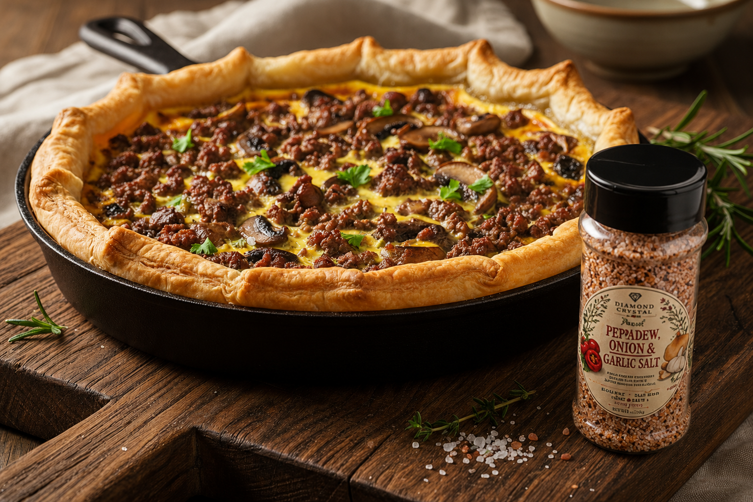 Mince and mushroom quiche seasoned with Peppadew, Garlic and Onion Gourmet Salt by Diamond Field Blooms