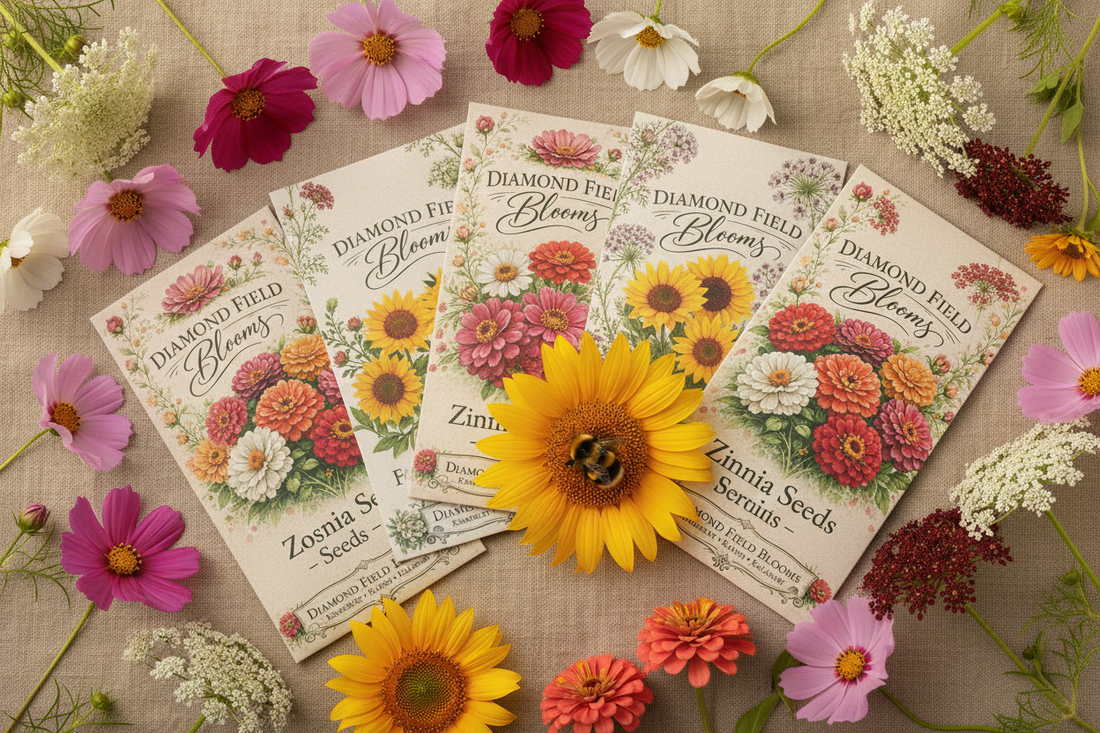 Diamond Field Blooms pollinator seed packets — cosmos, sunflower, zinnia and Queen Anne's lace — with spring blooms and a bee on a flower head — attract bees and butterflies South Africa