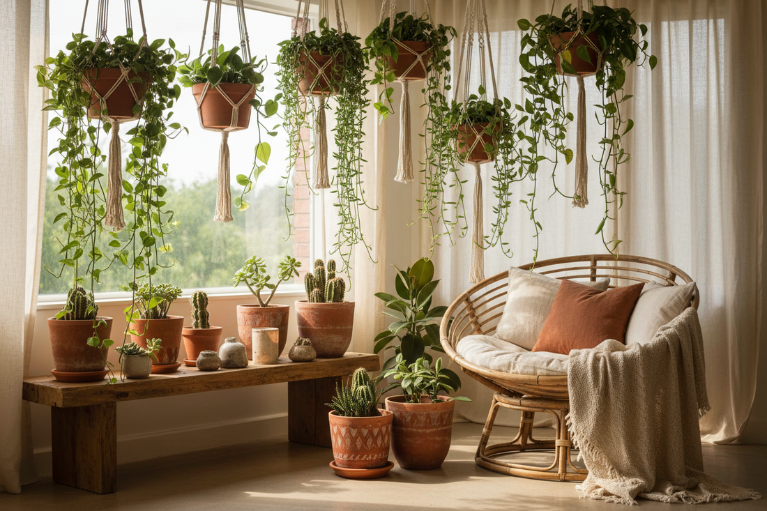 Bohemian corner with off-white macrame plant holders, trailing pothos, terracotta pots and rattan chair in a bright home interior
