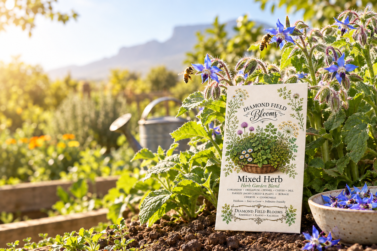 Diamond Field Blooms Mixed Herb Seeds packet beside blue borage flowers and green leaves in a sunny South African garden