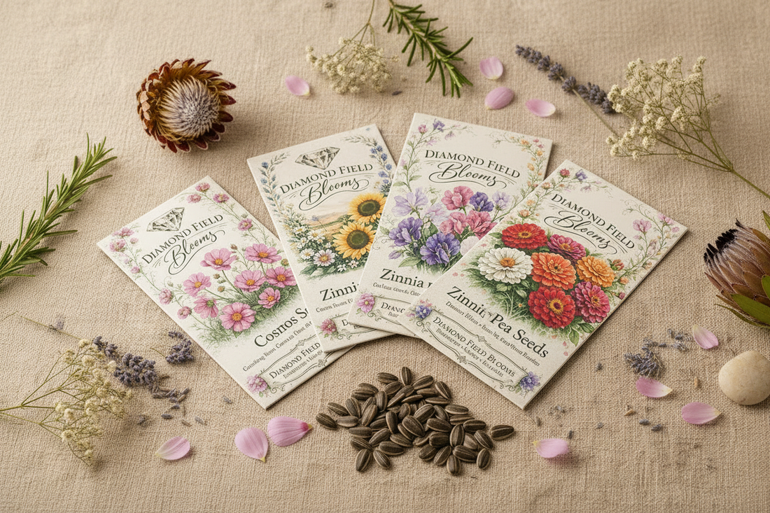 Diamond Field Blooms seed packets flat lay — cosmos, sunflower, zinnia and sweet pea seeds on linen with dried botanicals, spring planting guide South Africa