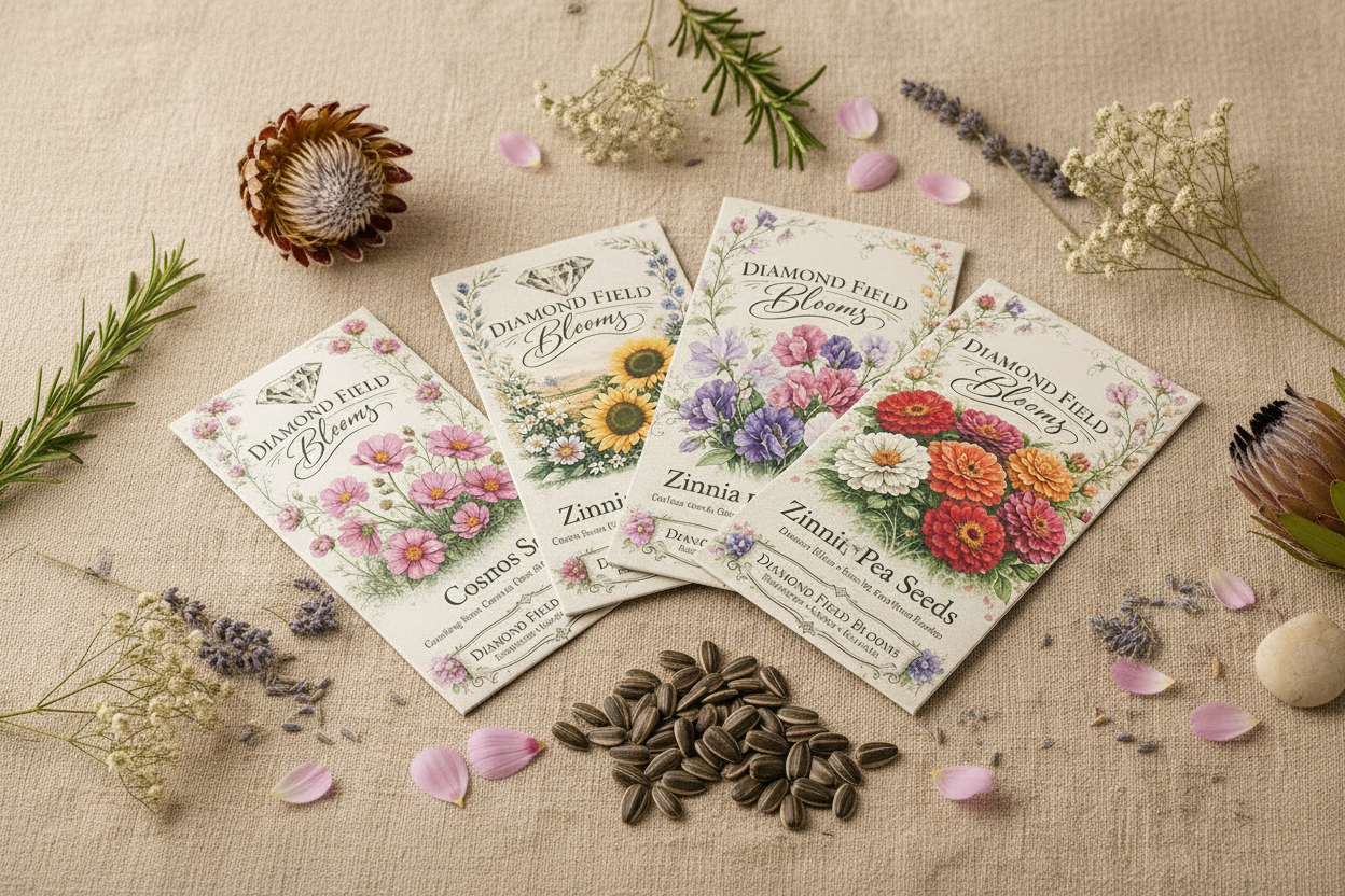 Diamond Field Blooms seed packets flat lay — cosmos, sunflower, zinnia and sweet pea seeds on linen with dried botanicals, spring planting guide South Africa