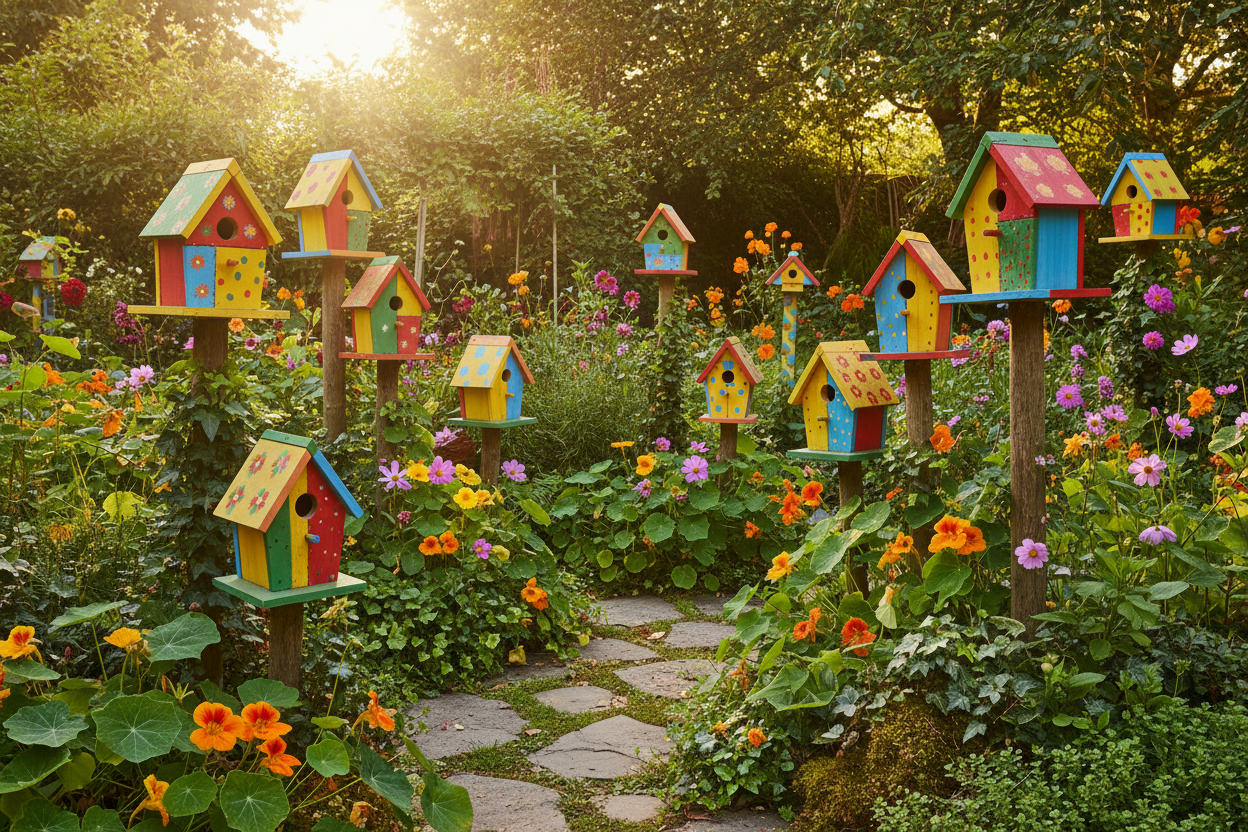Bright colourful wooden birdhouse boxes nestled among flowering garden plants in a sunny South African garden