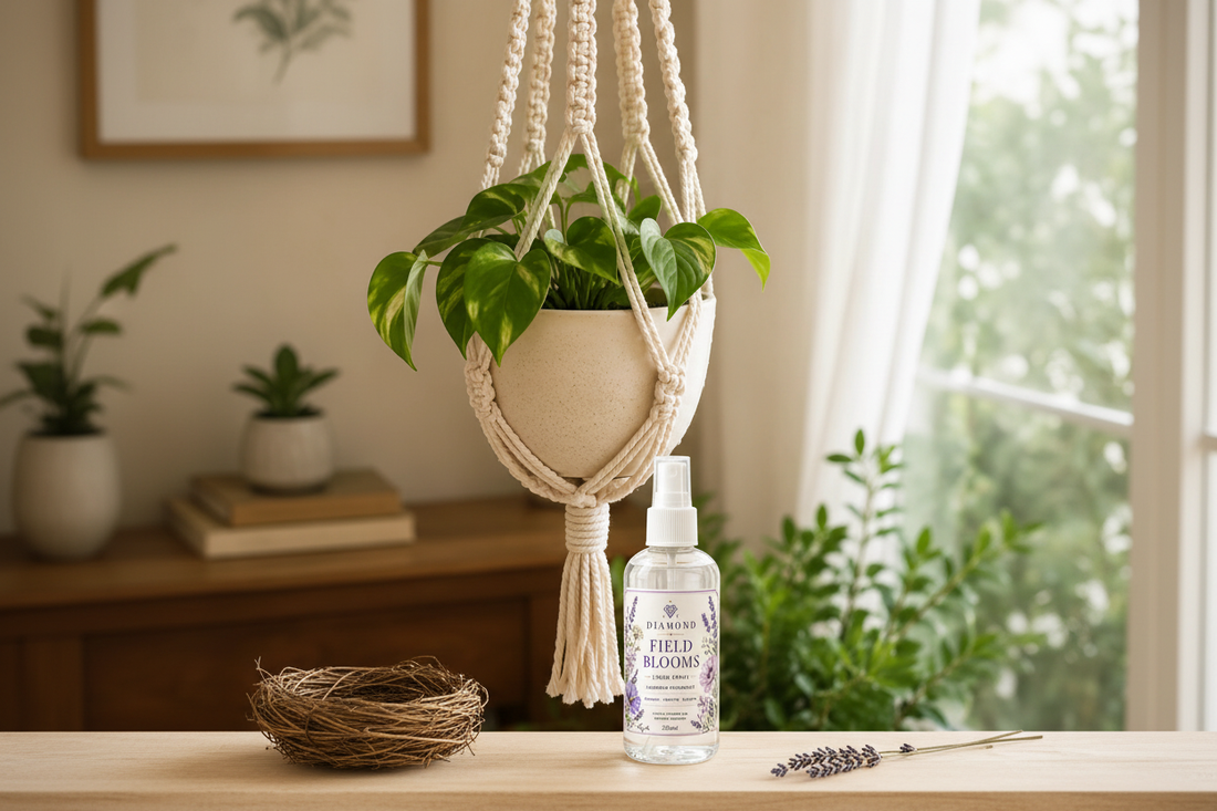 Diamond Field Blooms Lavender Linen Mist styled with a macramé plant hanger, bird nest and dried lavender on a wooden shelf