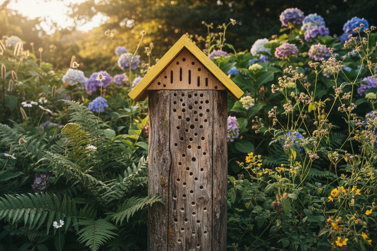 Rustic wooden bug hotel with drilled holes and a painted roof, nestled among lush garden plants