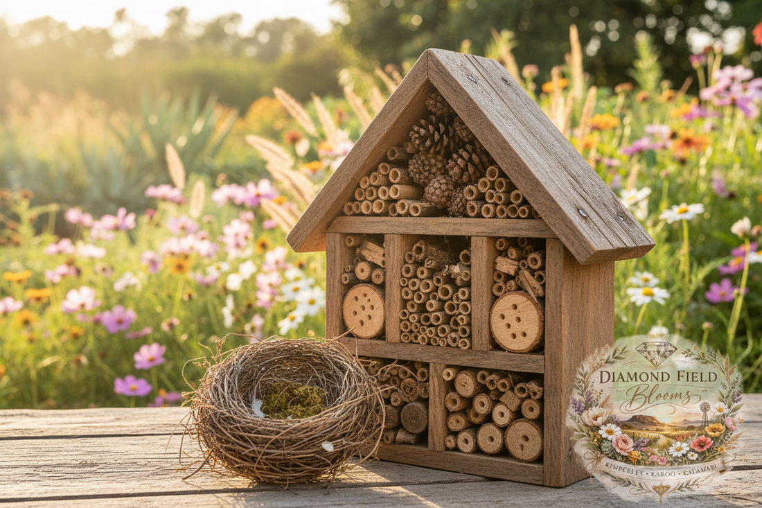 A rustic wooden bug hotel and handcrafted bird nest in a sunny South African wildflower garden — Diamond Field Blooms