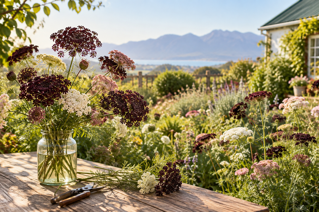 Dark chocolate and burgundy Queen Anne’s Lace flower heads on slender stems with soft companion flowers in a sunny South African cutting garden.