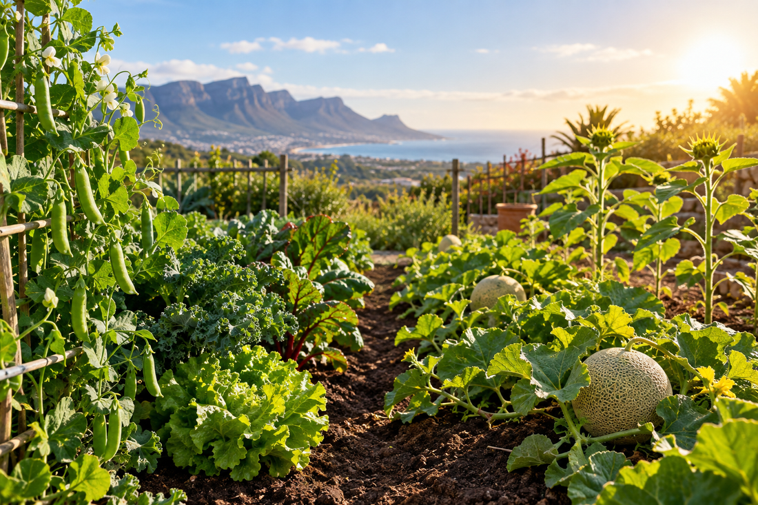  Cool-season peas and leafy greens beside warm-season melon vines and sunflower seedlings in a sunny South African garden.⠋