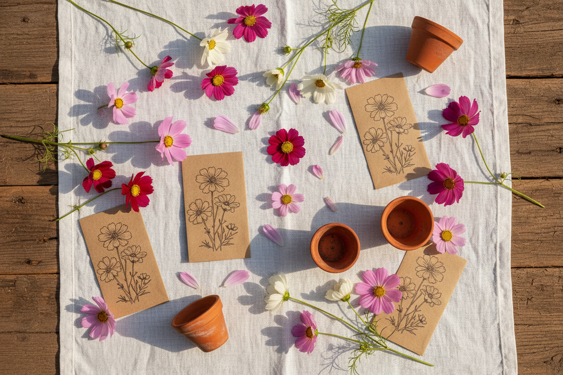 Pink and white cosmos flowers with seed packets on a linen cloth — how to grow cosmos from seed in South Africa"
