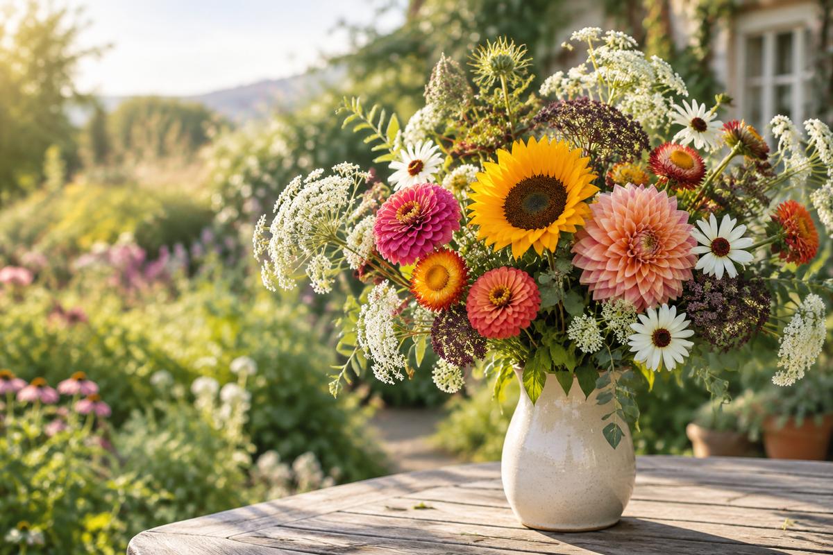  Hand-tied bouquet featuring Queen Anne’s Lace filler, sunflower, zinnia, dahlia, strawflowers, and painted daisies in a ceramic vase on a sunny garden table.