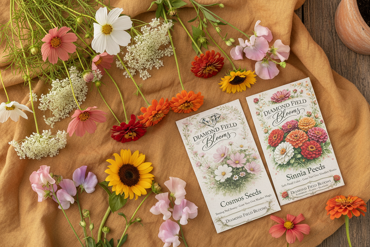 Diamond Field Blooms cutting garden harvest flat lay — cosmos, Queen Anne's lace, zinnias, sunflowers and sweet peas with seed packets on natural linen — cutting garden from seed South Africa