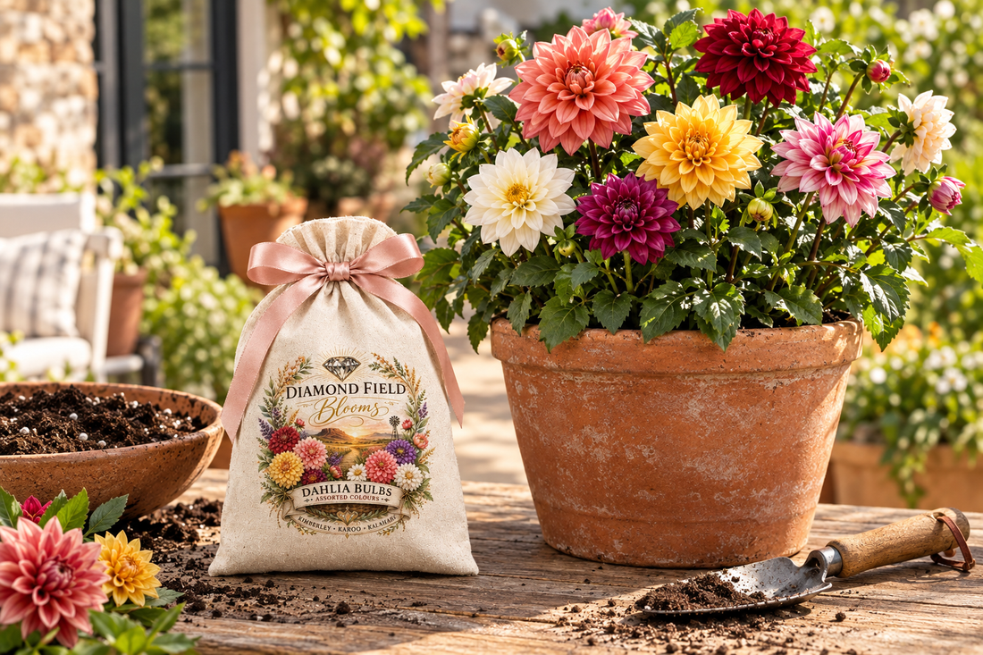 Mixed-colour dahlias flowering in a large patio pot, with a bag of dahlia bulbs and a trowel on the potting table beside it