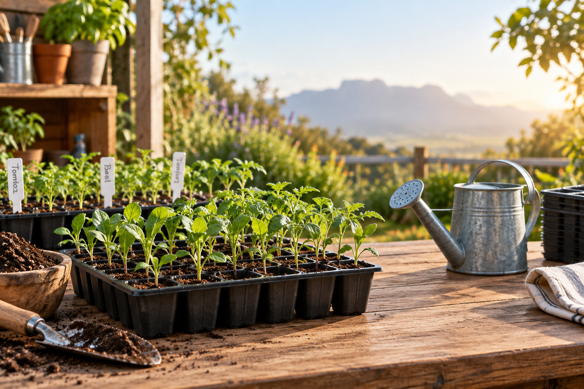 Healthy young seedlings in clean cell trays beside fresh potting mix, labelled seed trays, and a small watering can in a tidy garden workspace.