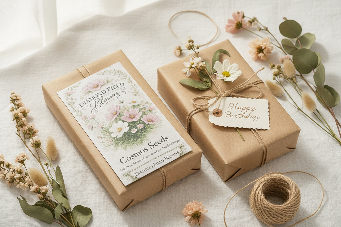 Diamond Field Blooms seed packets styled as birthday gifts with kraft wrapping, dried flowers and garden twine on a white linen surface