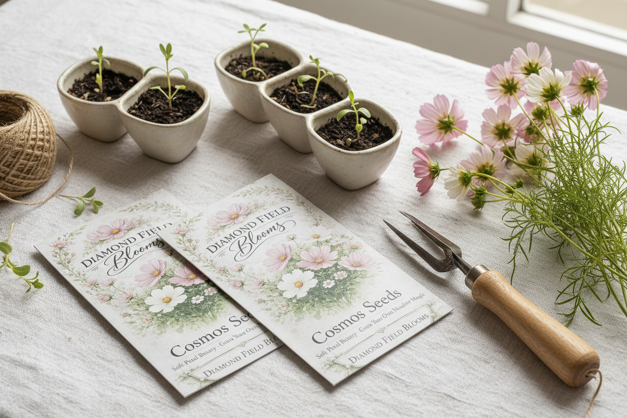 Diamond Field Blooms seed packets arranged in a flat lay with seedling trays, dried flowers and garden twine on a linen surface