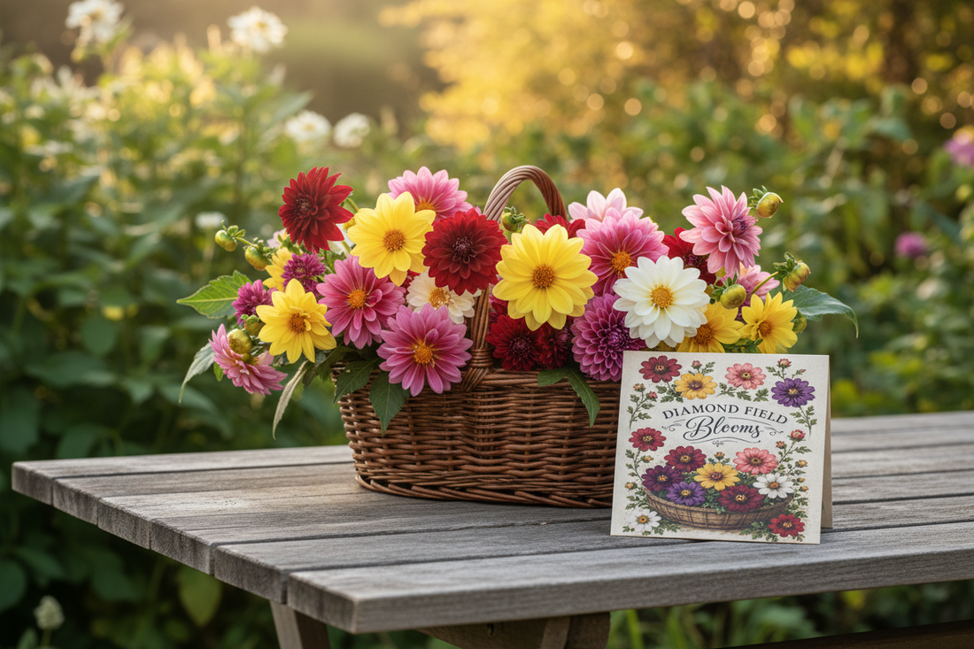 Diamond Field Blooms Dahlia Seeds packet with vibrant red, yellow, purple and pink dahlia blooms in a rustic garden basket
