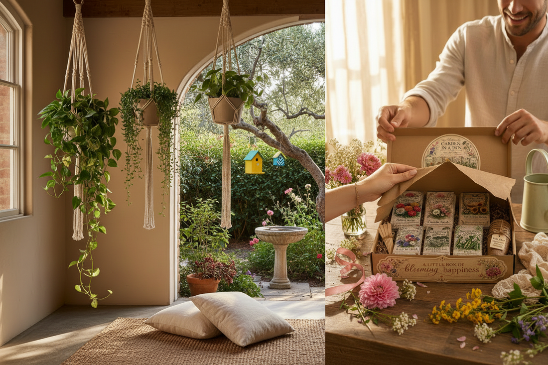Diamond Field Blooms gift guide — macrame pot plant hangers, Garden in a Box seed kit and branded seed packets displayed as handmade garden gifting ideas