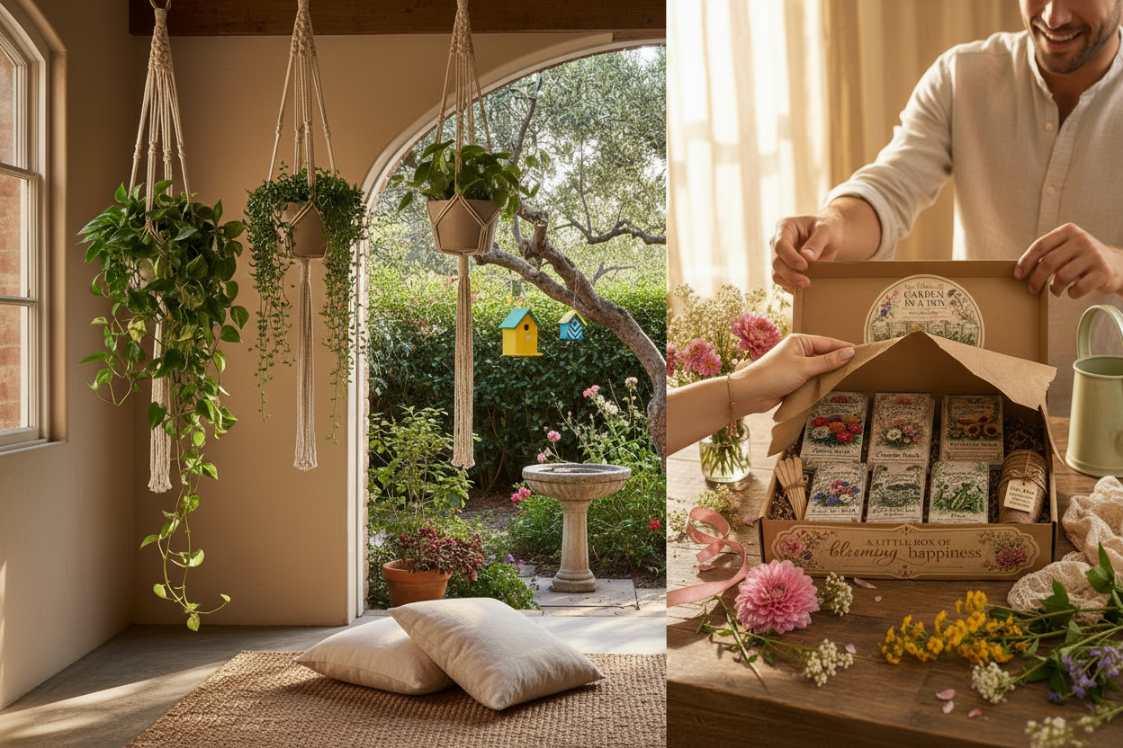Diamond Field Blooms gift guide — macrame pot plant hangers, Garden in a Box seed kit and branded seed packets displayed as handmade garden gifting ideas
