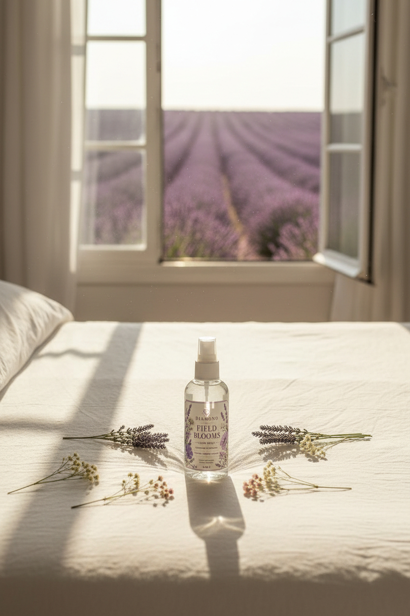 Diamond Field Blooms Lavender Linen Mist bottle on white bed with open window and lavender fields at sunrise