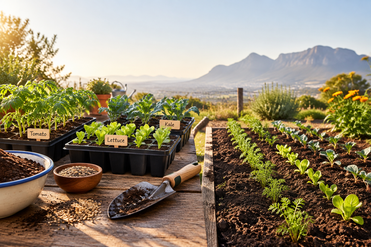 Labelled seed trays with healthy seedlings beside directly sown seedlings in a neat garden bed, with seeds, potting mix, and a hand trowel.