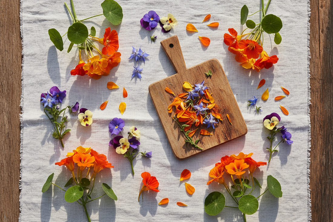 Edible flowers including nasturtiums, violas and borage on a linen cloth — the best edible flowers to grow in a South African garden