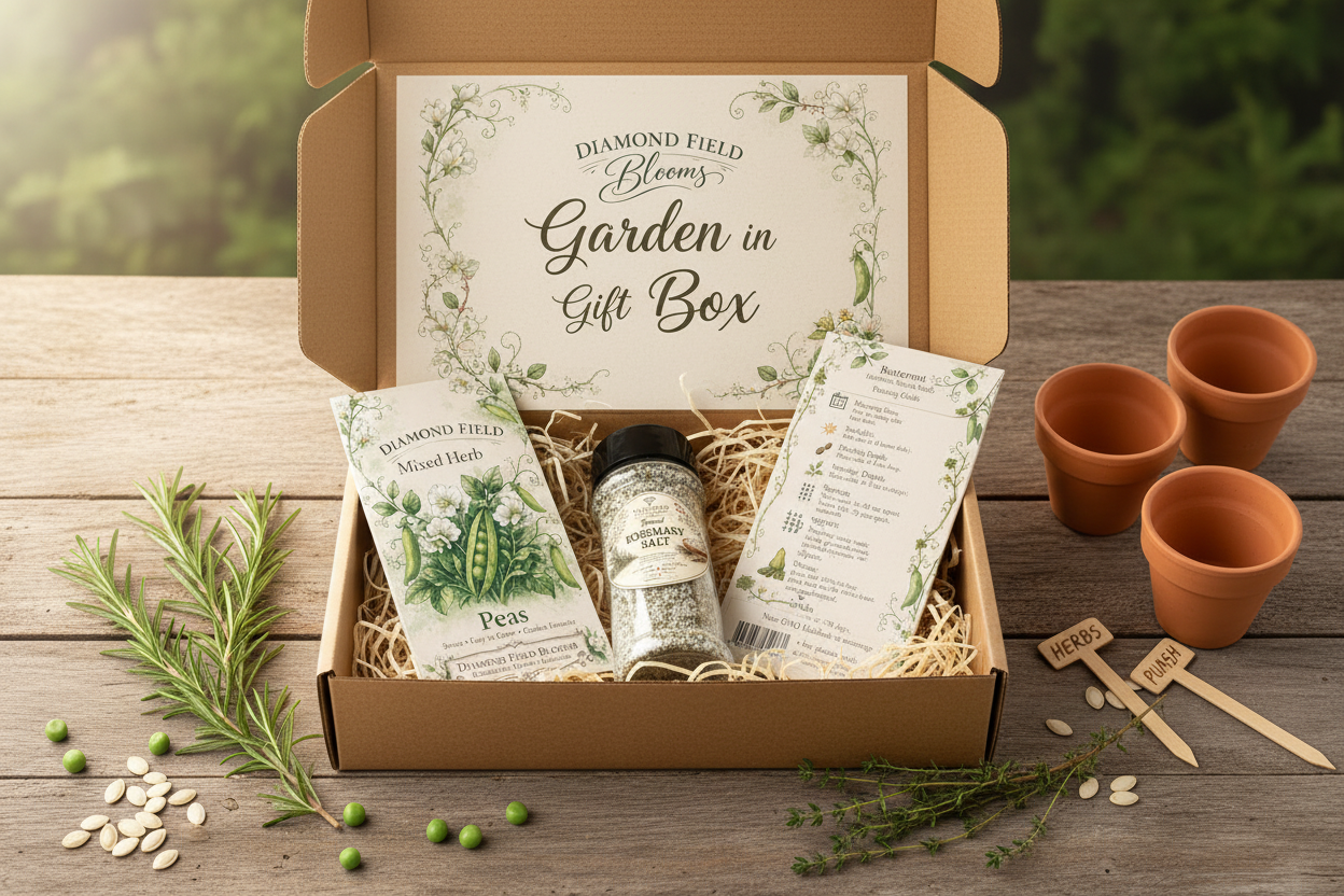 Flat lay of Diamond Field Blooms Edible Garden in a Box featuring seed packets, mixed herb seeds, Rosemary Gourmet Salt, and Butternut Squash Seeds styled on a rustic wooden surface