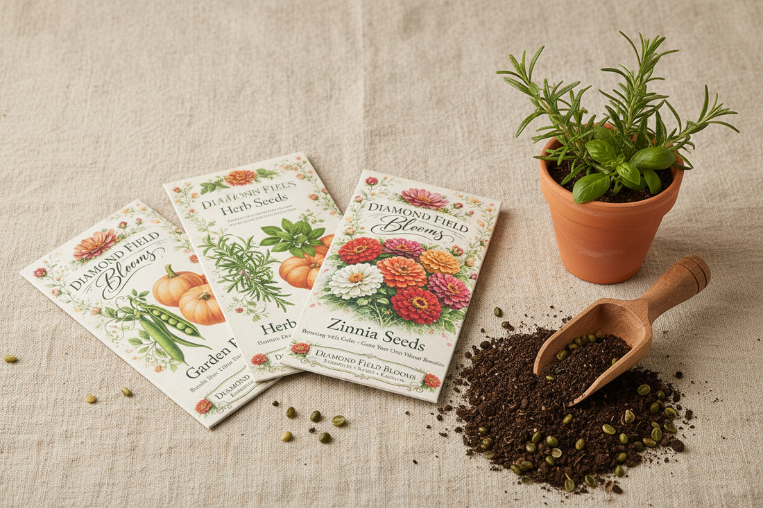 Diamond Field Blooms Edible Garden in a Box flat lay with seed packets, herb seeds and garden pea seeds on natural linen — edible garden starter kit South Africa