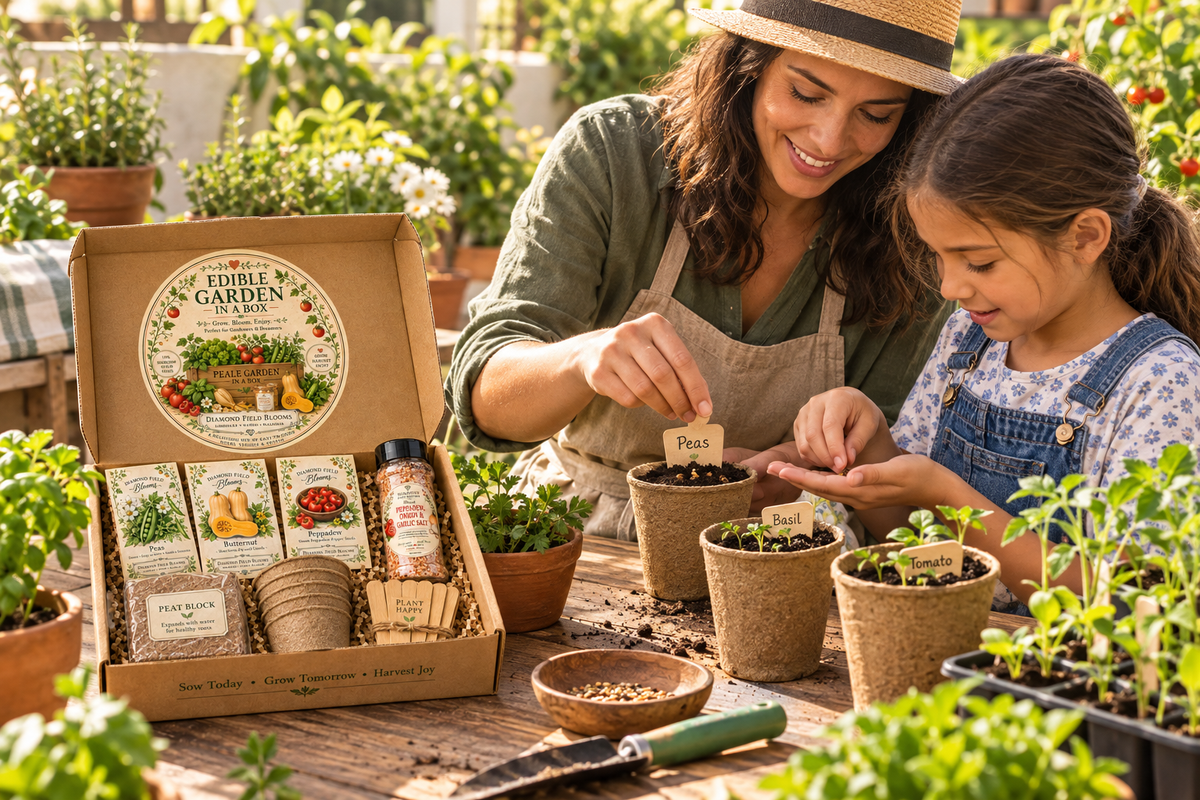 Adult and child sowing seeds into pots on a sunny patio, with the Edible Garden in a Box nearby.