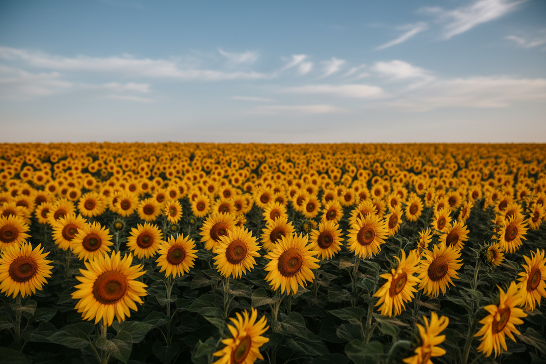 A vibrant field of sunflowers in full bloom in a South African garden