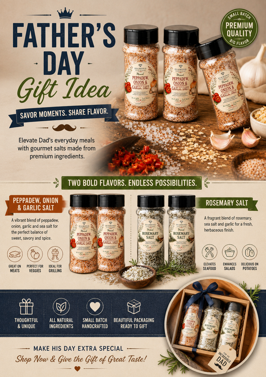 Diamond Field Blooms gourmet salts — Peppadew Garlic Onion Salt and Rosemary Salt for South African cooking