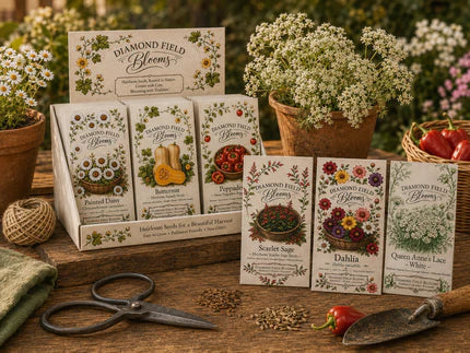 Diamond Field Blooms biodegradable seed packets in a Garden in a Box gift set, packaged in eco-friendly kraft paper