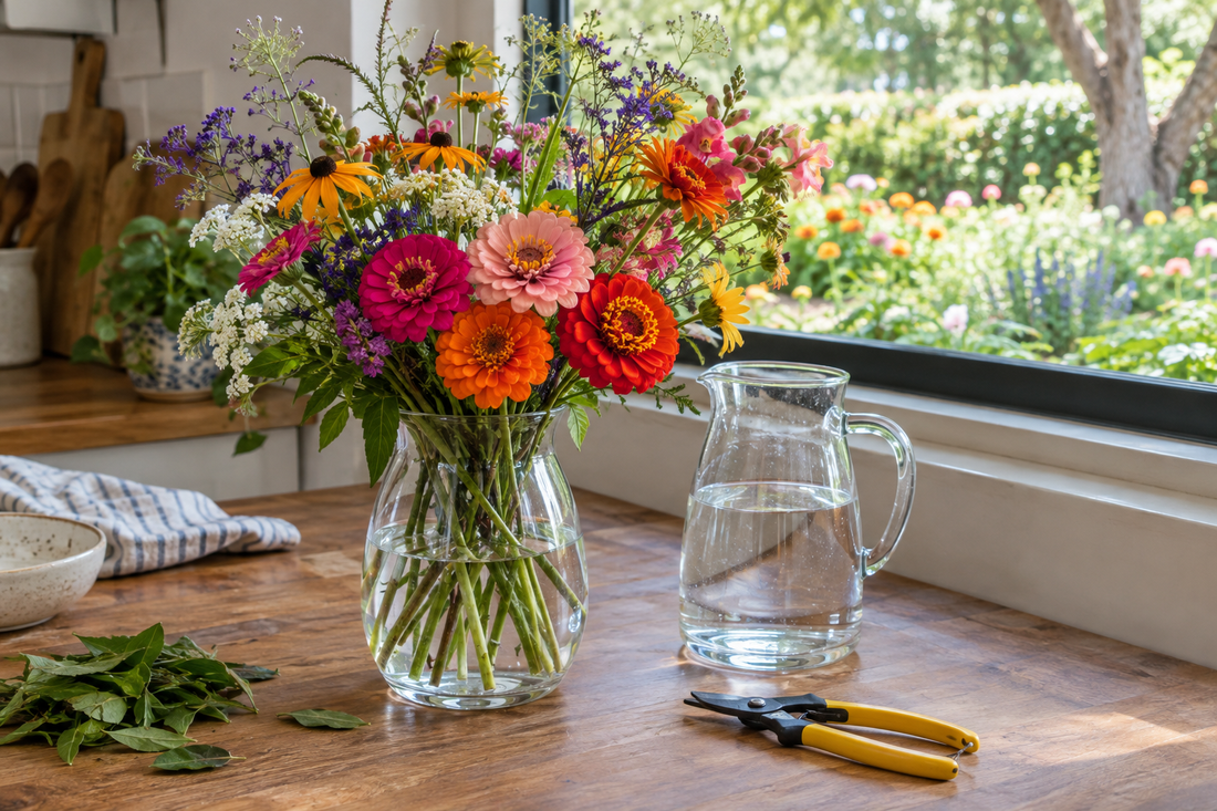 Fresh garden flowers in a clean water-filled vase on a shaded table, with a water jug and flower snips nearby.