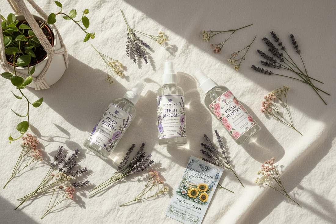 Diamond Field Blooms lavender linen mist and rose linen spray styled with dried lavender, wildflowers and a macramé plant hanger on a white textured surface
