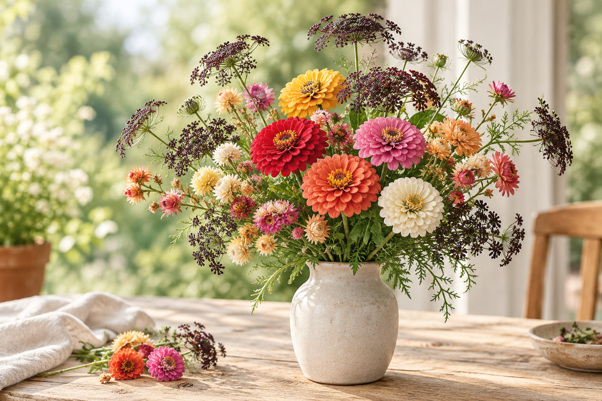 Garden bouquet of mixed zinnias, burgundy Chocolate Queen Anne’s lace and helichrysum in a ceramic vase.