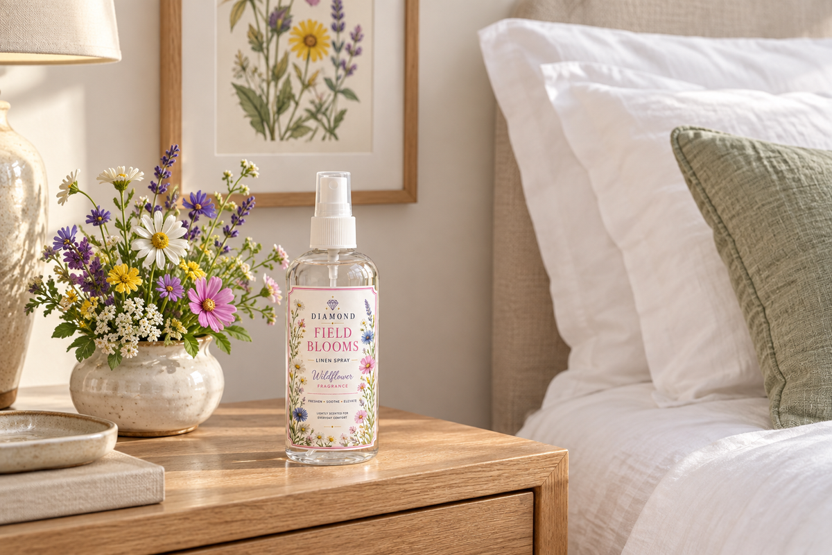 Wildflower Linen Mist bottle on a guest-room bedside table beside a small vase of flowers and freshly made bed.
