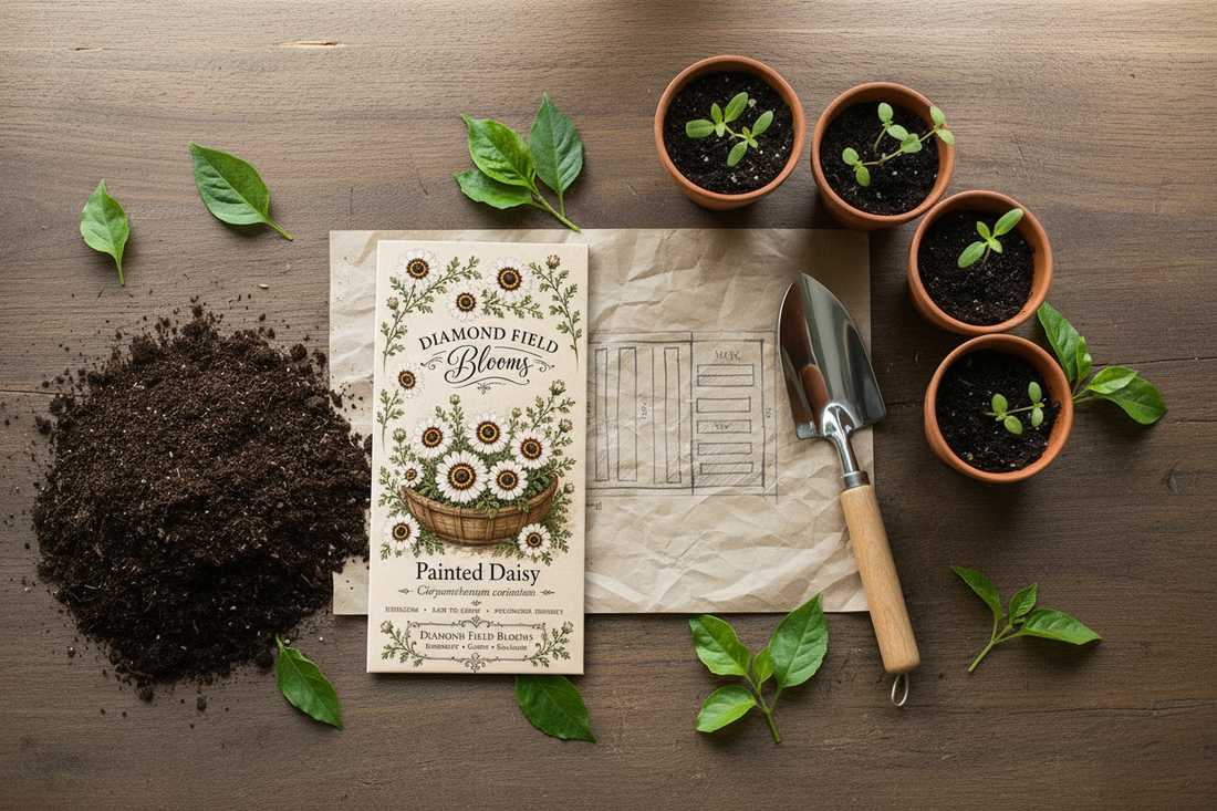Overhead flat lay of Painted Daisy Seeds packet by Diamond Field Blooms, surrounded by a hand-drawn garden layout sketch, trowel, terracotta seedling pots, and rich dark soil