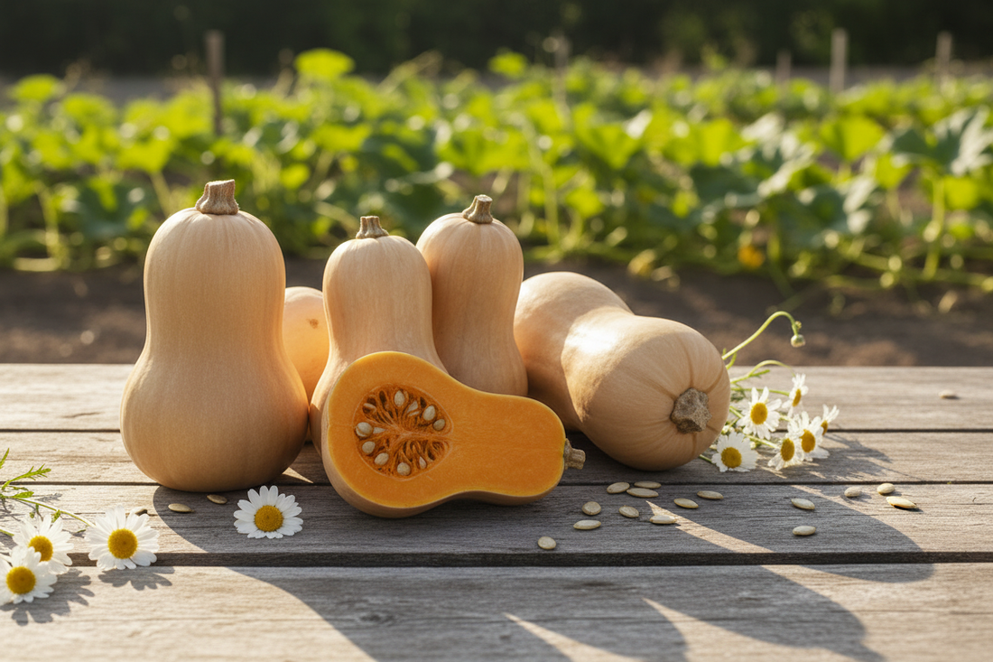 Diamond Field Blooms Butternut Squash Heirloom Seeds packet with freshly harvested butternut squash on a rustic wooden surface