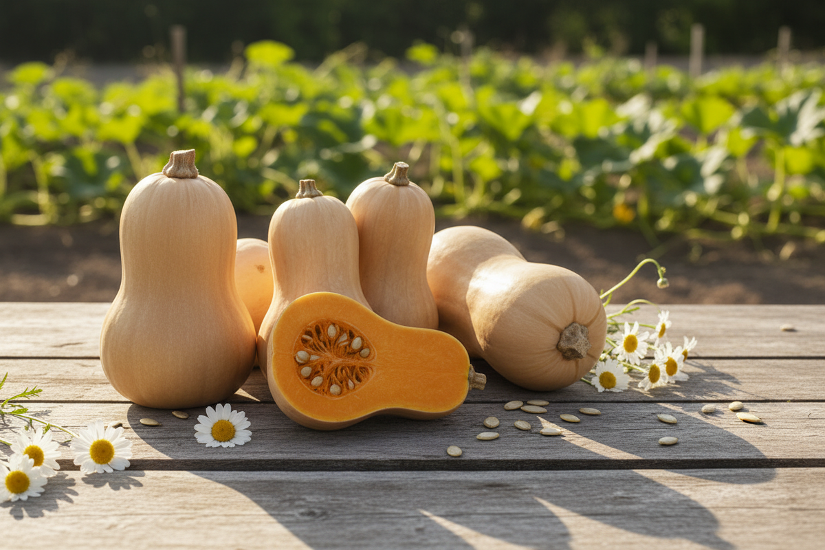 Diamond Field Blooms Butternut Squash Heirloom Seeds packet with freshly harvested butternut squash on a rustic wooden surface