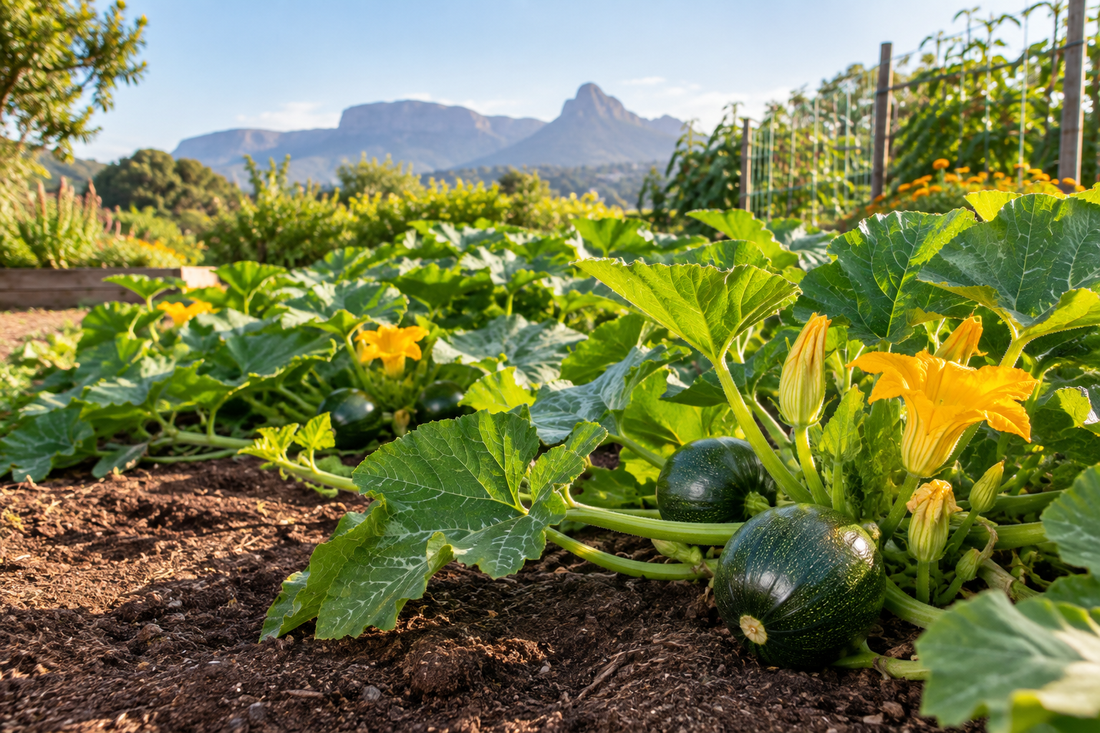 Gem squash vines with broad green leaves, yellow flowers, and round green fruit growing in a sunny South African vegetable garden.