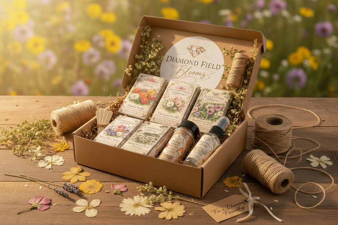 An open kraft gift box filled with Diamond Field Blooms seed packets, dried botanicals, and natural twine — a beautiful seed gift for gardening lovers