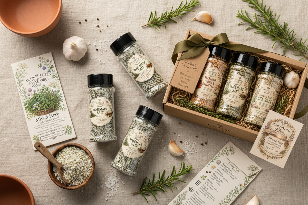 Diamond Field Blooms gourmet salt gift box, rosemary gourmet salt and mixed herb seeds flat lay with fresh rosemary sprigs and sea salt crystals on natural linen — garden to kitchen South Africa