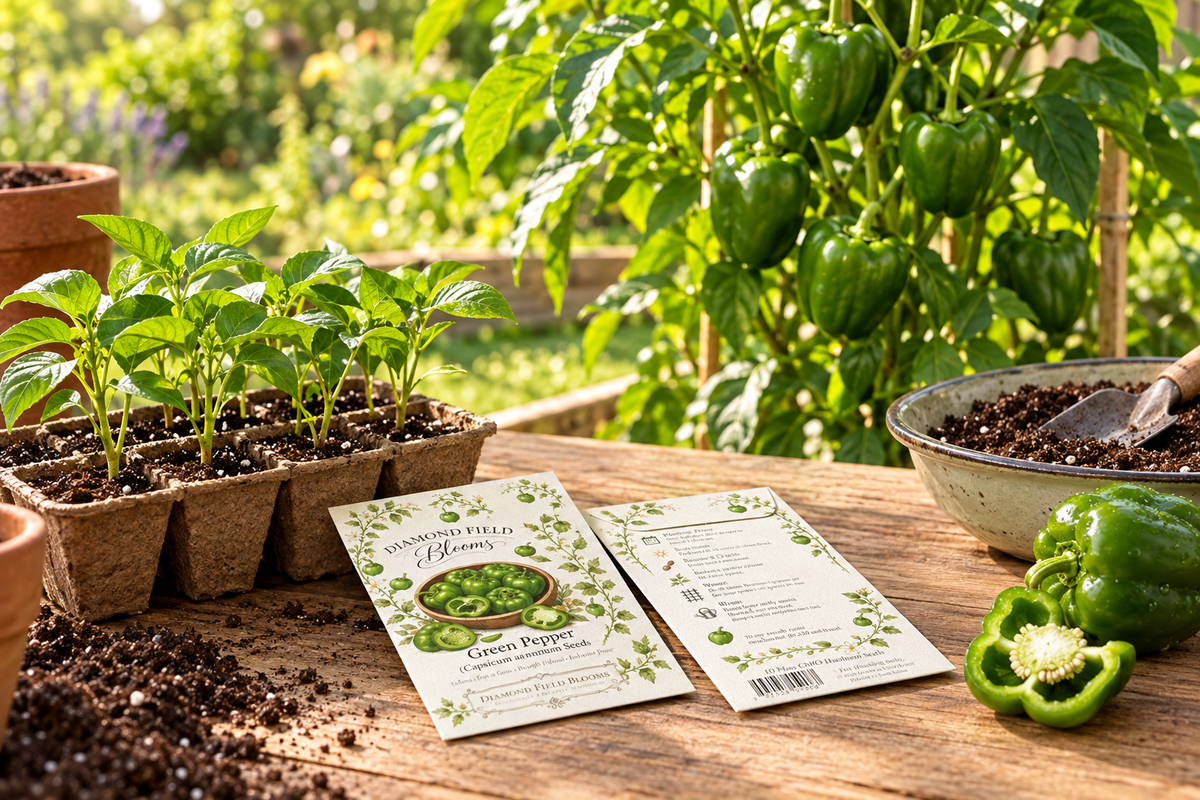 Green Pepper Seeds packet beside a tray of young pepper seedlings, with green peppers growing on a plant in the sunlit garden behind.
