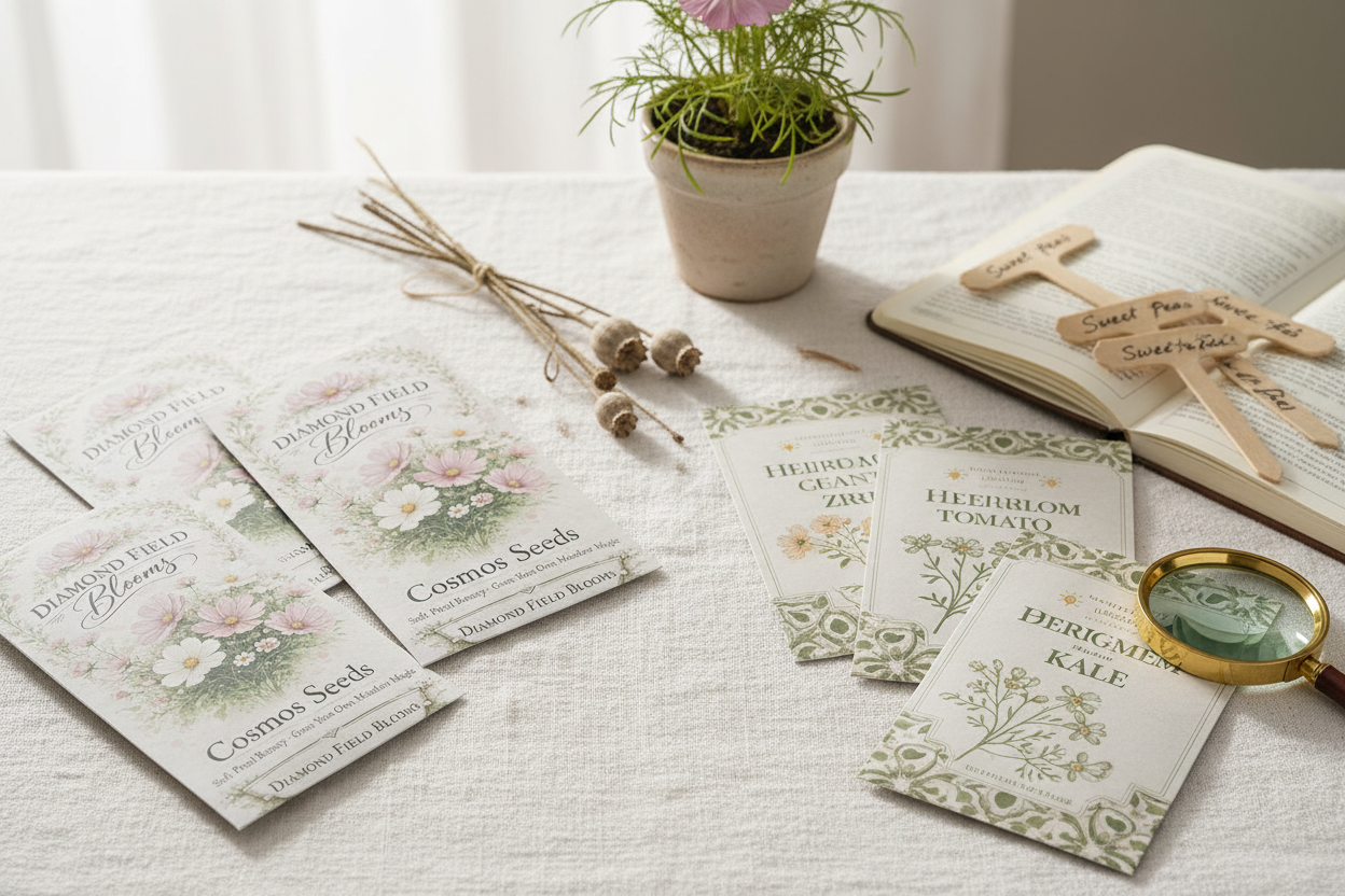 Diamond Field Blooms heirloom seed packets arranged with dried seed heads, a magnifying glass and handwritten plant labels on a white linen surface
