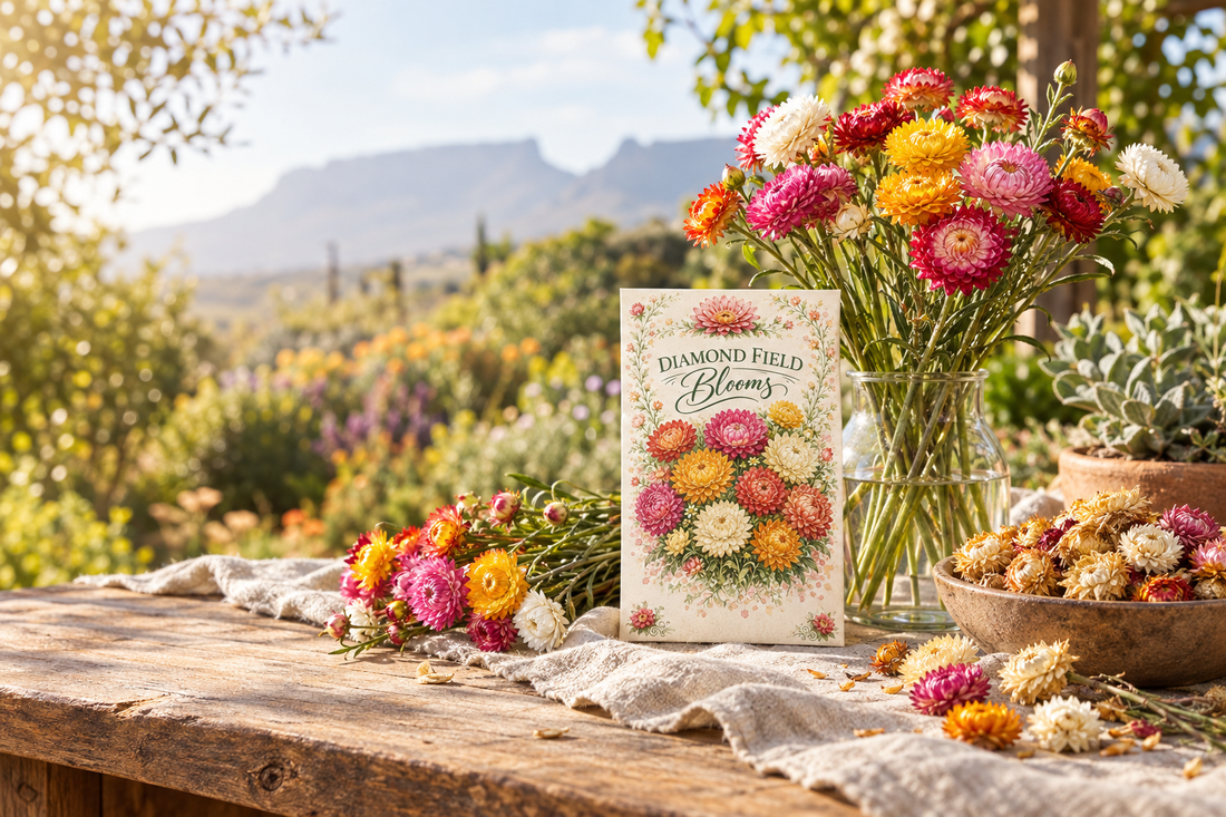  Diamond Field Blooms Helichrysum Seeds – Mixed Colours packet beside vibrant fresh and dried helichrysum flowers, cut stems, and rustic garden décor in a sunny South African garden.