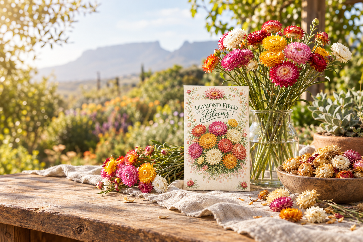  Diamond Field Blooms Helichrysum Seeds – Mixed Colours packet beside vibrant fresh and dried helichrysum flowers, cut stems, and rustic garden décor in a sunny South African garden.