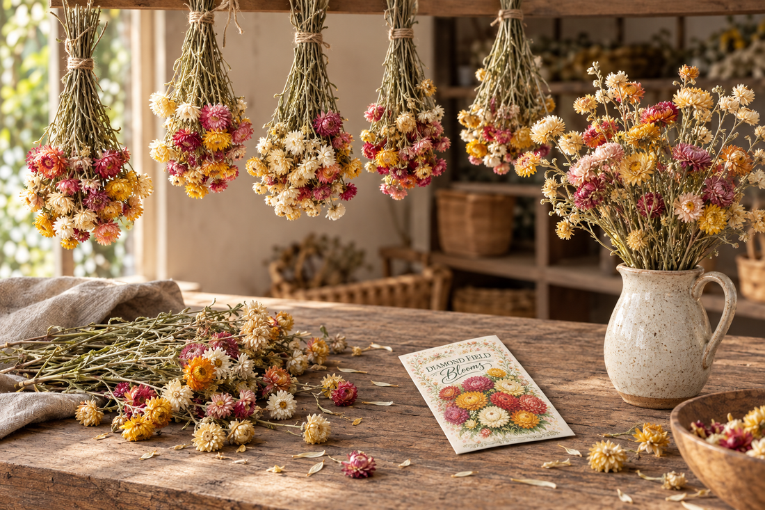 Bundles of mixed-colour helichrysum flowers hanging to dry beside a dried bouquet and Helichrysum Seeds packet.