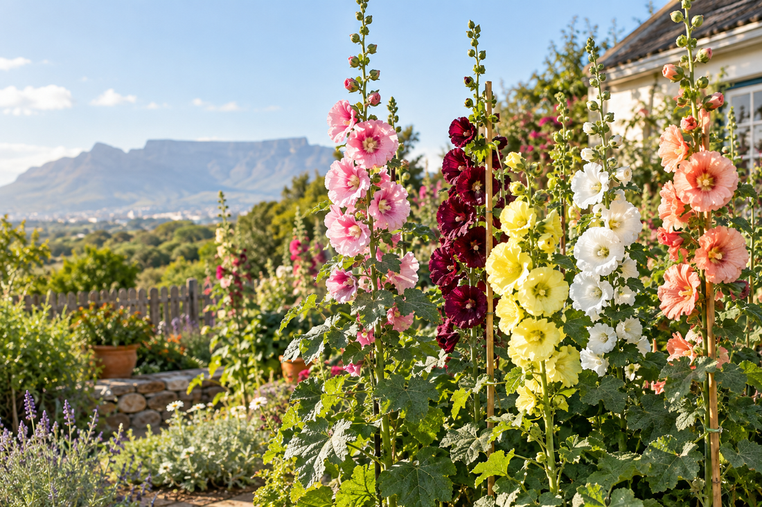 Tall pink, burgundy, yellow, white, and peach hollyhocks supported by garden stakes in a sunny South African cottage garden.⠋