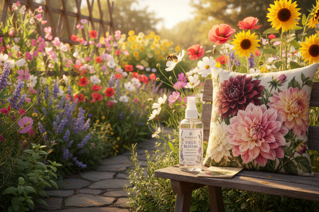 A lush South African sensory garden with sweet peas on a trellis, Russian sage, cosmos, red poppies and sunflowers, with Diamond Field Blooms Lavender Linen Mist and Sweet Pea seed packet on a weathered wooden bench in warm golden afternoon light