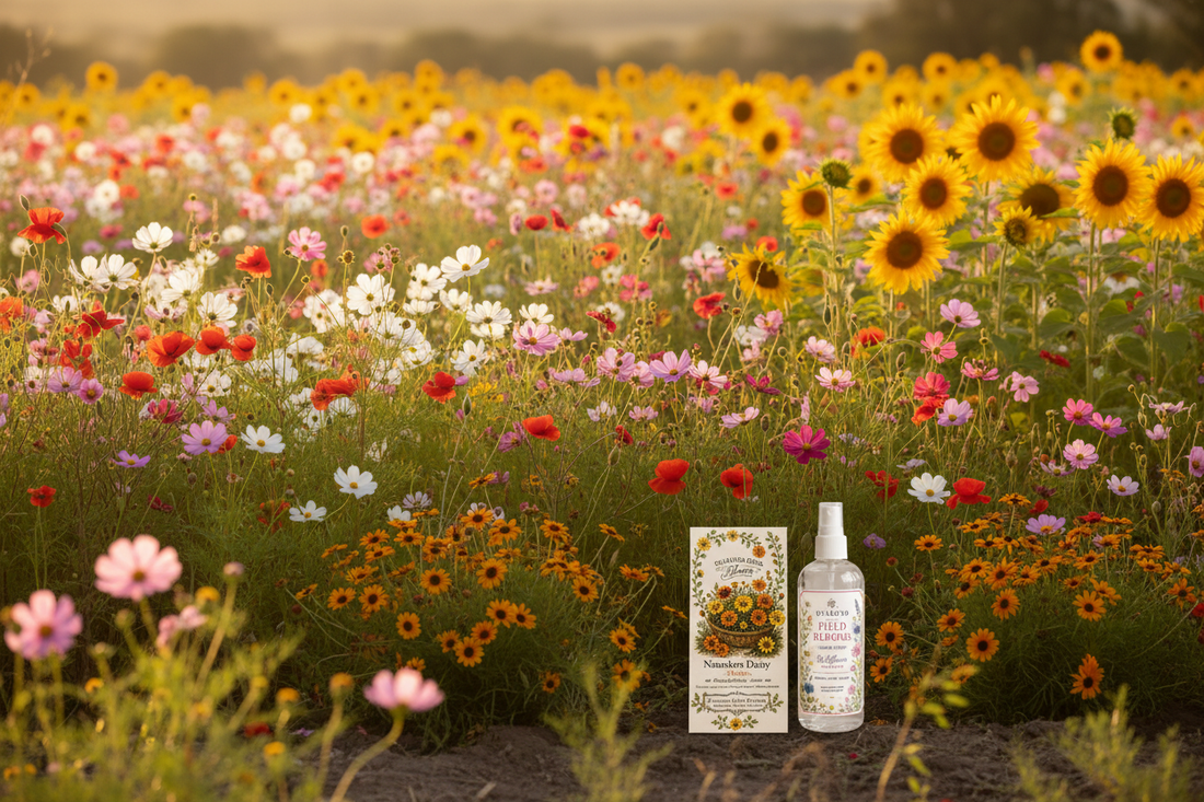 Diamond Field Blooms Namakwa Daisy seed packet and Wildflower Linen Mist nestled among a sun-drenched South African wildflower meadow of cosmos, orange daisies, red poppies and sunflowers in full bloom